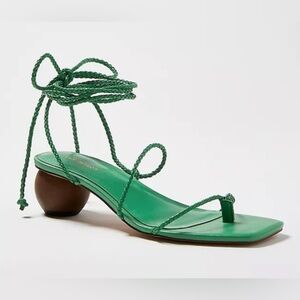 Real Leather Green Strappy Sandals With Wood Heel, Size 8